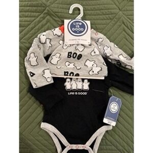 NEW Life is Good 3 piece outfit Halloween Boo Ghost bodysuit hat 0-3mo